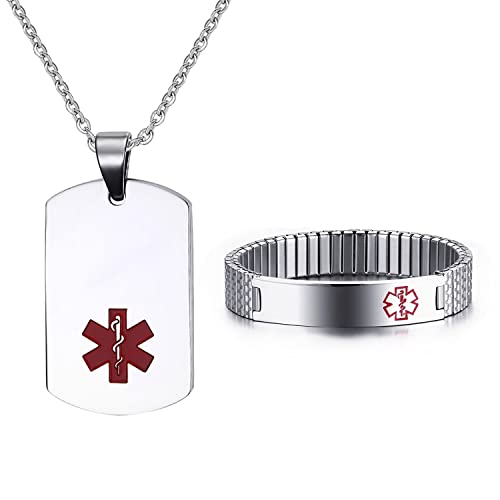 OIDEA Gravurbar Edelstahl Armband+Kette Medical Alert ID Dog Tag SOS Notfall Schmuck Silber für Herren Damen von OIDEA