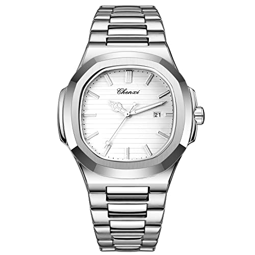 OIDEA Herren Uhren Quadratisch Armbanduhr: Weiß Herrenuhr Analog Quarz Uhr Kalender mit Beleuchtenden Zeiger Geschäfts Beiläufige Wasserdicht 30m mit Metall Armband Geschenk für Männer von OIDEA