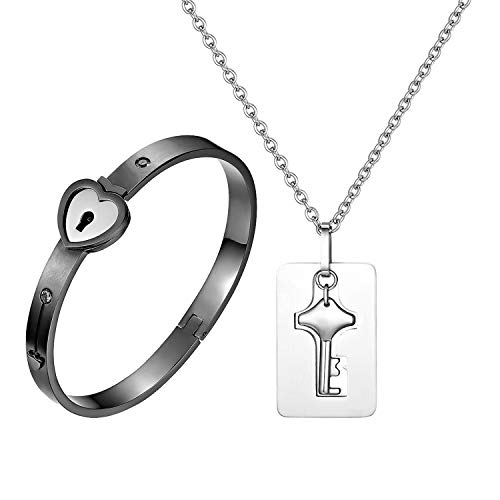 OIDEA Herren Ambänder Damen Halskette Paar Geschenke, Edelstahl Herz Lieben Love Armreif mit Schlüssel Anhänger Kette, Silber Gold Schwarz von OIDEA