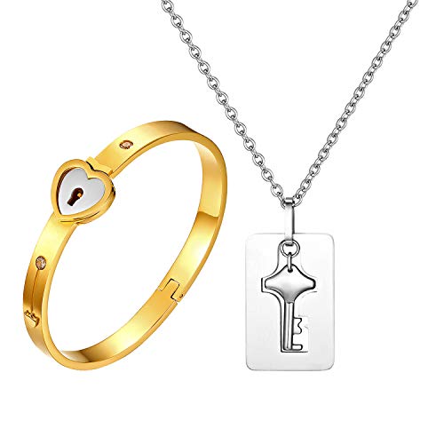 OIDEA Herren Ambänder Damen Halskette Paar Geschenke, Edelstahl Herz Lieben Love Armreif mit Schlüssel Anhänger Kette, Silber von OIDEA