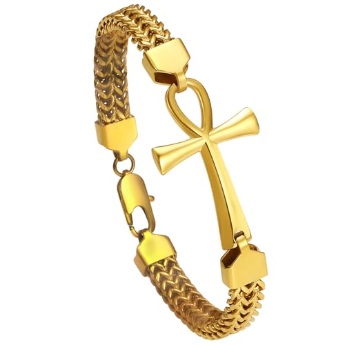 OIDEA Herren Ankh Kreuz Armband: Gold Hip Hop Gotik Armkette Franco Link Panzerkette 8mm Breit Edelstahl Armreif Kettenarmband Rock Biker Amulet Schmuck Geschenk für Männer 22cm von OIDEA