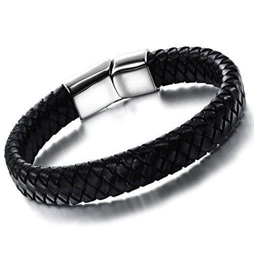 OIDEA Herren Armband, Geflochten Echtleder Breit Armreif, Edelstahl, Schwarz Silber von OIDEA