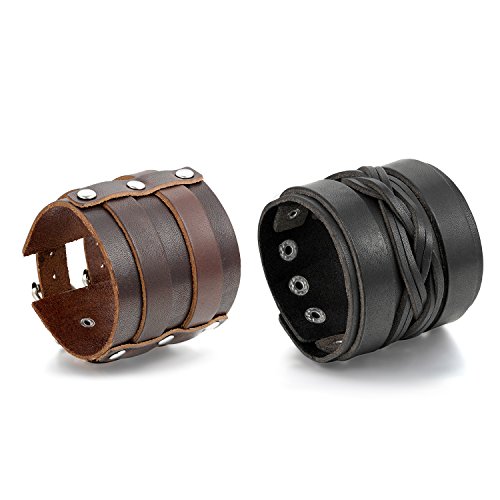 OIDEA Herren Armband Breit aus Leder: 2 Stück Schwarz Braun Punk Rock Stil Lederarmband Armreif Handgelenk Armschmuck Verstellbar Armschmuck Geschenk für Männer Junge von OIDEA