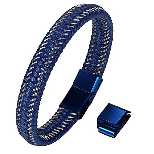 OIDEA Herren Armband Edelstahl Leder Armband blau Silber, Geflochten Seil Lederarmband Armreifen mit Verlängern Magnet Verschluss, 21cm von OIDEA