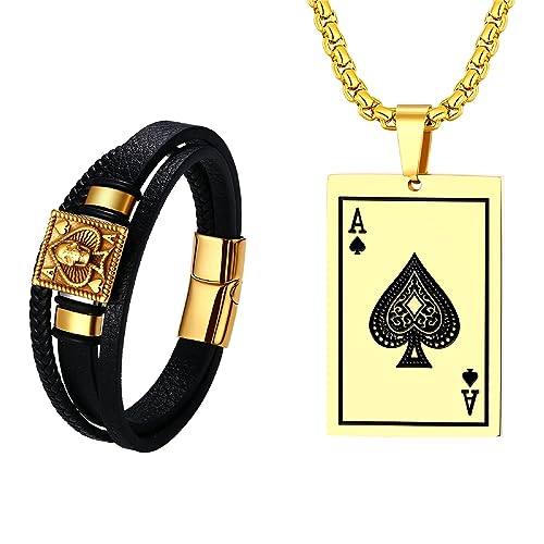 OIDEA Herren Armband Halskette Set Totenkopf Silber Spielkarte Anhänger Kette aus Edelstahl, Schwarz Gold Retro Stil Lederarmband mit Verstellbarer Riegelschnalle, Schmuck Geschenk für Männer Freund von OIDEA