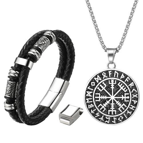 OIDEA Herren Armband Halskette Wikinger: 2 Stück Set Silber Viking Schmuck Set Verstellbare Armreif mit Wikinger Runen Medaille Anhänger Weizenkette Silber Kette aus Edelstahl Geschenk für Männer von OIDEA