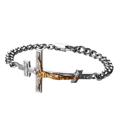 OIDEA Herren Armband Kreuz Jesus: Kruzifix Kreuz Jesus in Silber Armkette aus Edelstahl Handgelenk Armschmuck Geschenk für Männer Freund von OIDEA