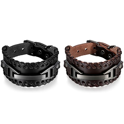 Herren Armband Leder Armband schwarz braun 2pcs, Breite Geflochten Lederarmband Surferarmband Armreifen, verstellbar (Verstellbar Armband) (braun +schwarz) von OIDEA