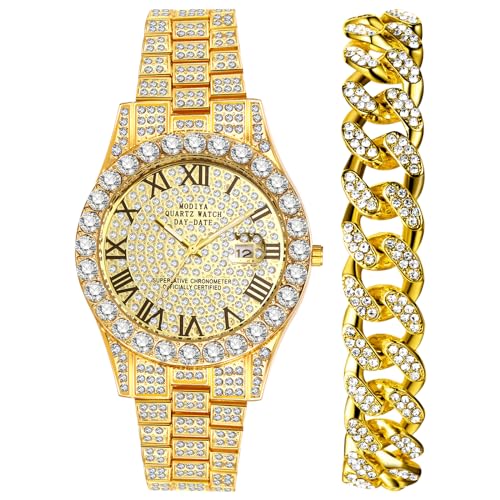 OIDEA Herren Armbanduhr Armkette Set: 2pcs Gold Herrenuhr Panzerkette Armband Analog Quarz Uhr Kalender Glitzer mit Römische Zifferblatt Casual Metallarmband Geschenk für Männer Freund von OIDEA