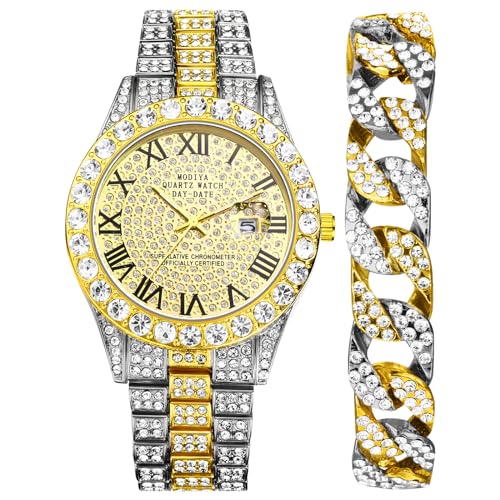 OIDEA Herren Armbanduhr Armkette Set: 2pcs Silbergold Herrenuhr Panzerkette Armband Analog Quarz Uhr Kalender Glitzer mit Römische Zifferblatt Casual Metallarmband Geschenk für Männer Freund von OIDEA