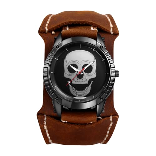 OIDEA Herren Armbanduhr Steampunk Totenkopf: Retro Braun Armband aus echtem Leder Quarzwerk mit Schädel Dekor Stundenskala Ziffernblatt Geschenk für Männer Freunde Halloween Geburtstag von OIDEA