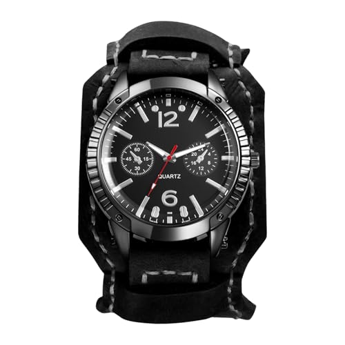 OIDEA Herren Armbanduhr Steampunk aus Leder: Schwarz Armband aus Echtleder Quarzwerk mit 2 Ziffernblätter Dekor Stundenskala Geschenk für Männer Freunde Halloween Geburtstag von OIDEA