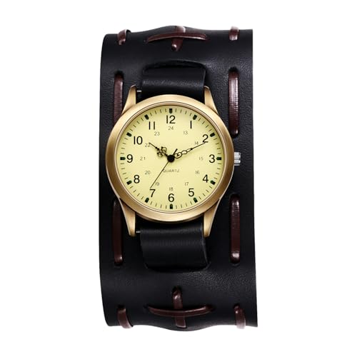 OIDEA Herren Armbanduhr Steampunk aus Leder: Schwarz Echtleder Armband Quarzwerk mit 24h Arabischer Ziffernblatt Retro Geschenk für Männer Freunde Halloween Geburtstag von OIDEA
