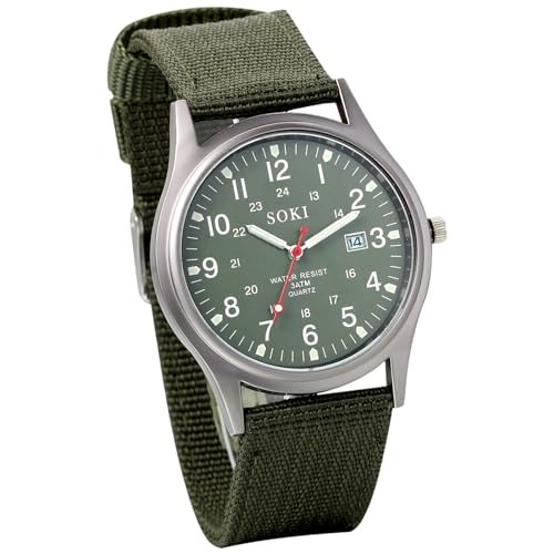 OIDEA Herren Armbanduhr Militär Uhr: Grün mit Nylon Armband Analog Quarz Herrenuhr Retro Kalender mit Beleuchtenden Zeiger LED Licht Outdoor Wasserdicht 30m Geschenk für Männer Junge Freund von OIDEA