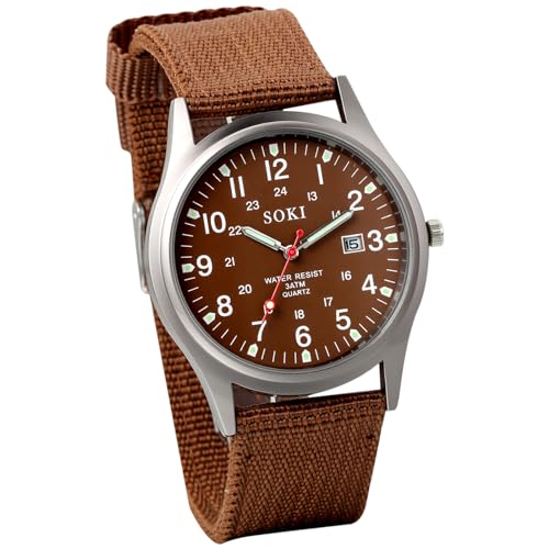 OIDEA Herren Armbanduhr mit Nylon Armband: Kaffee braun Uhr Analog Quarz Herrenuhr Retro Uhren Kalender mit Beleuchtenden Zeiger LED Licht Outdoor Wasserdicht 30m Geschenk für Männer Junge Freund von OIDEA