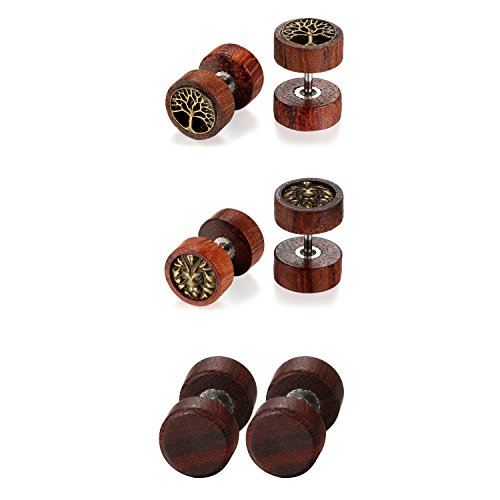 OIDEA 10mm Fake Plug Holz Hochwertig, Ohrstecker Basic Herren Dunkelbraun 3 Paare von OIDEA