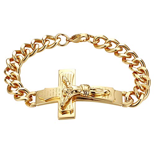 OIDEA Herren Armband Kreuz Gold: Jesus Armkette aus Edelstahl Panzerkette Kruzifix Englische Bibel Armreif Handgelenk Religiöses Schmuck Geschenk für Männer Jungen von OIDEA