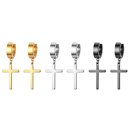 OIDEA Unisex Ohrringe Creolen Set Kreuz: 3 Paare Damen Herren Creolen mit Kreuz Ohrhänger für Männer Frauen Gold Silber Schwarz Geschenk für Männer Frauen von OIDEA