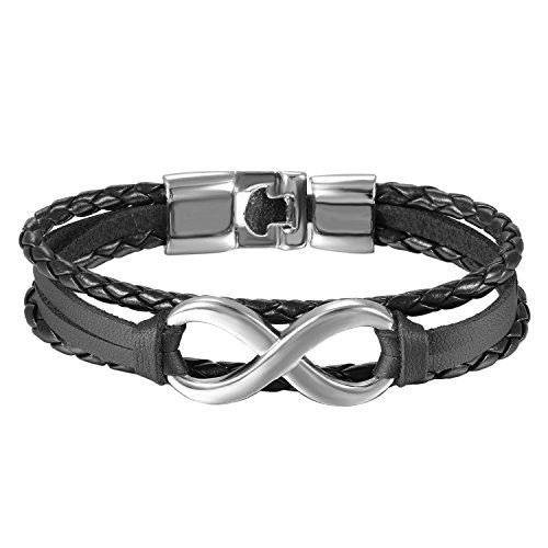 OIDEA Herren Damen Infinity Leder Armband, Unendlichkeit Symbol Manschette Kordelkette geflochtenes Lederband Legierung Armreifen, Silber schwarz von OIDEA