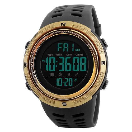 OIDEA Herren Digital Armbanduhr aus Silikon: Schwarz Silikonarmband mit Gold PC Gehäuse Datum Wochentag Alarm Stoppuhr Herrenuhr Geschenk für Männer Junge Freund von OIDEA