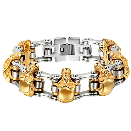 OIDEA Herren Totenkopf Armband Fahrradkette: Gold 16mm Breit Schwer Groß Schädel Glieder Link Handgelenk Edelstahl poliert Panzerkette Kettenarmband Motorradkette Geschenk für Männer von OIDEA