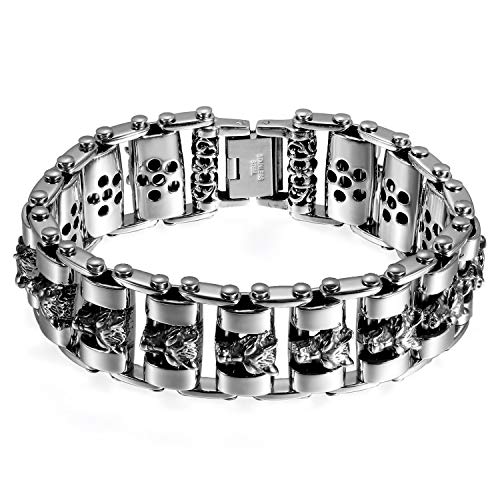 OIDEA Herren Edelsathl Fahrradkette Wolf Kopf Armband, 25mm Breit Große Biker Glieder Link Handgelenk poliert Panzerkette Kettenarmband Motorradkette, schwarz silber von OIDEA