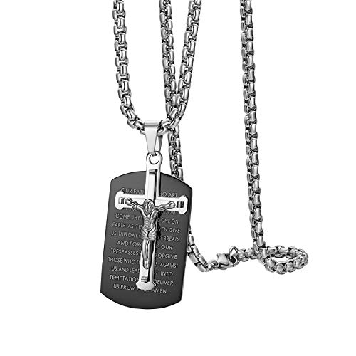 OIDEA Herren Edelstahl Kreuz Halskette Dogtag Anhänger, Vintage Biker Bibel Gebet Jesus Kruzifix Anhänger mit Ketten 56cm, Schwarz Silber von OIDEA