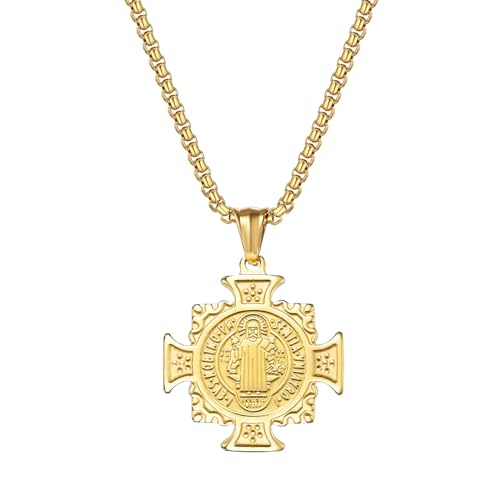 OIDEA Herren Halskette Edelsathl Vintage Gold Heilig Saint Benedikt Kreuz Christlicher Katholischer Religiöser Anhänger mit Weizenkette Schmuck Geschenk für papa Freund Sohn von OIDEA