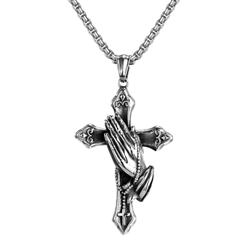 OIDEA Herren Halskette Kreuz Anhänger: Betende Hände Kreuz mit Kette aus Edelstahl Religiöse Schmuck Kreuzkette Geschenk für Männer Junge von OIDEA