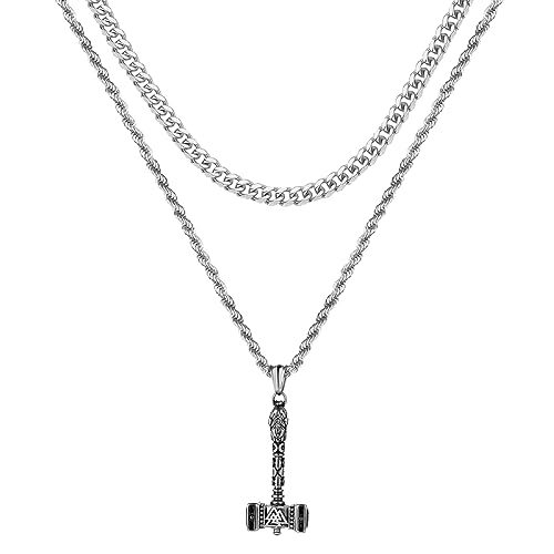 OIDEA Herren Halskette Wikinger Thors Hammer: Silber Layered Kette aus Edelstahl mit Axt Anhänger Kubanische Kette & Kordelkette Wikinger Schmuck Geschenk für Männer Jungs von OIDEA