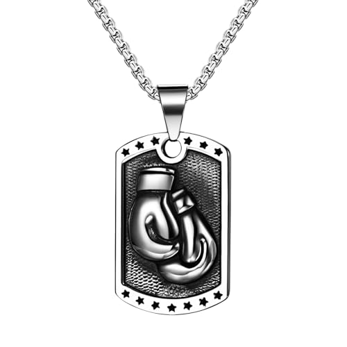 OIDEA Herren Halskette mit Boxhandschuhe Dogtag Anhänger: Silber Box Handschuhe Kettenanhänger mit Weizenkette aus Edelstahl Gothic Schmuck Geschenk für Männer Junge von OIDEA