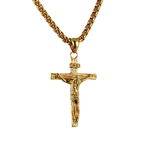 OIDEA Herren Jesus Kreuz Halskette: Gold Kreuz Kruzifix Anhänger mit Kette aus Edelstahl Punk Rock Biker Vintage Retro Stil Religiöser Schmuck Geschenk für Männer Vater Freund von OIDEA