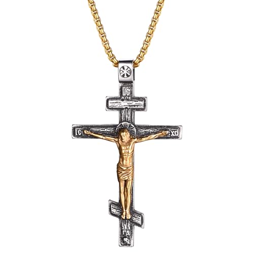 OIDEA Herren Jesus Kreuz Halskette: Orthodox Jesus Anhänger Kreuzkette aus Edelstahl mit Weizenkette in Gold Christlicher Kette religiöses Schmuck Geschenk für Männer Junge Freund von OIDEA
