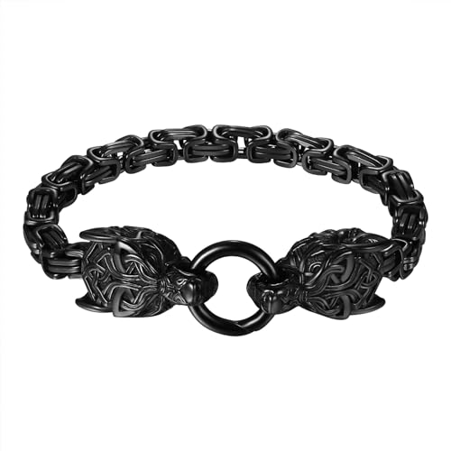 OIDEA Herren Königskette Wolf Armband: Schwarz Vintage Gotik Wikinger Armkette 7mm Breit Edelstahl Wolfskopf Armreif Kettenarmband Nordisch Keltischer Biker Schmuck Geschenk für Männer 22cm von OIDEA