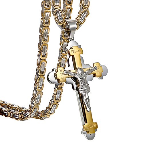 OIDEA Herren Kreuz Halskette Königskette: Gold Jesus Anhänger mit Königskette Kette Edelstahl Vintage Retro Biker Schwer Kruzifix Religiöser Schmuck Geschenk für Männer Vater Freund von OIDEA