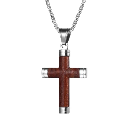 OIDEA Herren Kreuz Halskette aus Holz: Rot Kreuzanhänger aus Holz mit Weizenkette in Silber aus Edelstahl Christlicher Kette religiöses Schmuck Geschenk für Männer Junge Freund von OIDEA