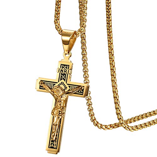 OIDEA Herren Kreuz Halskette mit Anhänger, Vintage Biker Edelstahl Jesus Kruzifix Anhänger mit Ketten 56cm, Gold von OIDEA