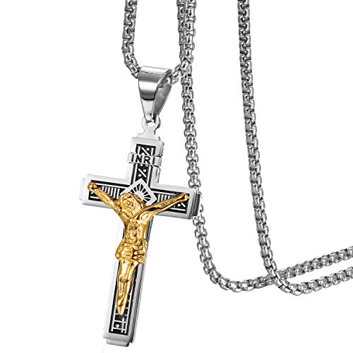 OIDEA Herren Kreuz Halskette mit Anhänger, Vintage Biker Edelstahl Jesus Kruzifix Anhänger mit Ketten 56cm, silber gold von OIDEA