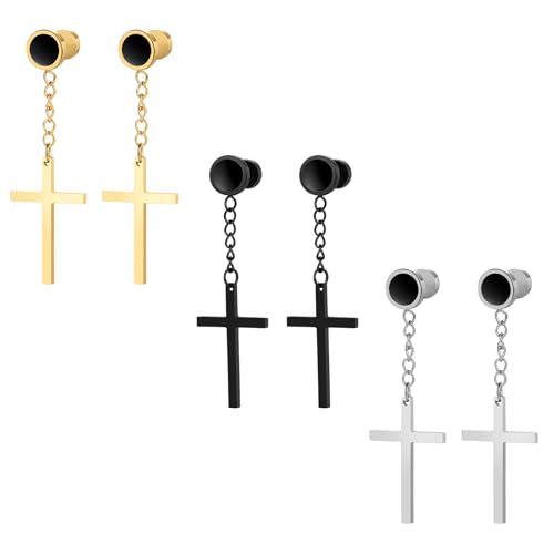 OIDEA Unisex Ohrringe Kreuz Ohrstecker: 3 Paare Punk Rock Schwarz Gold Silber mit Kreuz Ohrhänger aus Edelstahl Hip Pop Ohrstecker Schmuck Geschenk für Damen Herren von OIDEA