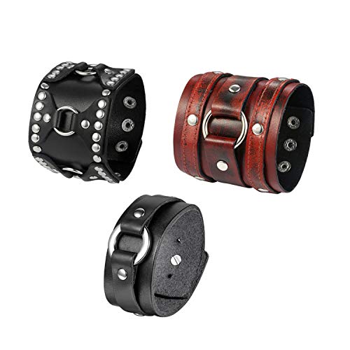 OIDEA Herren Leder Armband Set (3PCS), Punk Rock Stil Breite 3.5cm-7.5cm Geflochtene Handgefertigt Manschette Druckknopf Armreifen,Schwarz Rot von OIDEA