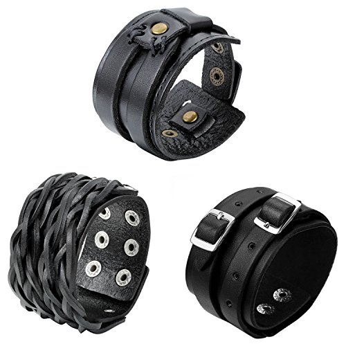 OIDEA Herren Leder Armband Set (3PCS Punk Rock Stil 4.1cm-5cm Breite Groß geflochtene handgefertigt Manschette Kordelkette Druckknopf Armreifen, Legierung, braun schwarz (schwarz set 3pcs) von OIDEA