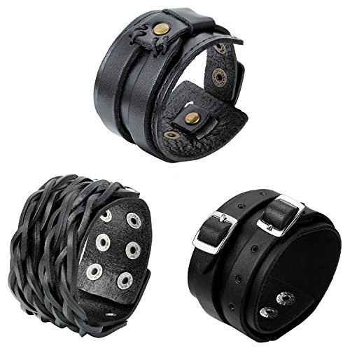 OIDEA Herren Leder Armband Set (3PCS Punk Rock Stil 4.1cm-5cm Breite Groß geflochtene handgefertigt Manschette Kordelkette Druckknopf Armreifen, Legierung, braun schwarz (schwarz Set 3pcs) von OIDEA