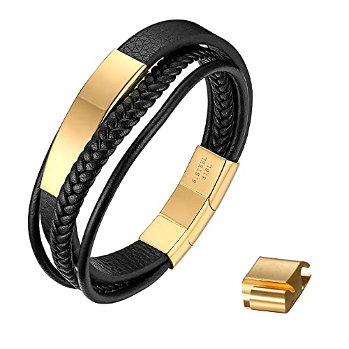 Herren Leder Armband mit Magnet Verschluss (kann gravieren), Geflochten Wickelarmband Armreif Handgelenk Armschmuck,Schwarz Gold von OIDEA