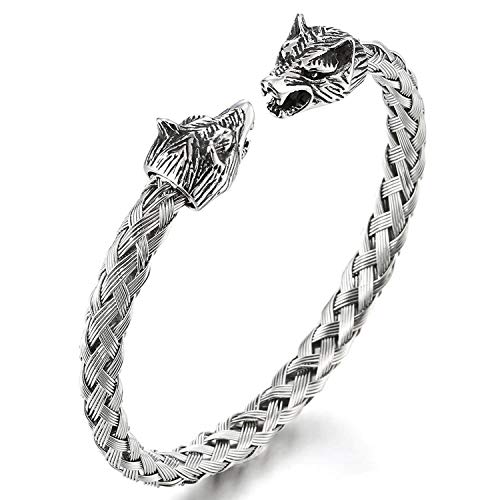 OIDEA Herren Offener Wolfskopf Armband: Silber Kabelgeflechtarmband Edelstahl Doppel Wolf Armband Armreif Handgelenk Schmuck Geschenk für Männer Vater Freund von OIDEA