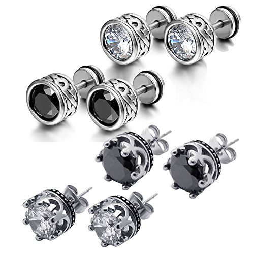 OIDEA Herren Ohrringe Ohrstecker Schwarz: 4 Paare Ohrstecker Set aus Edelstahl mit Zirkonia Vintage Piercing mit Weiß Zirkonia Geschenk für Männer Junge von OIDEA