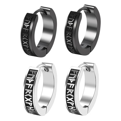 OIDEA Herren Ohrringe Wikinger Creolen: 2 Paare Wikinger Runen Norwegische Viking Amulett Huggie Ohrstecker aus Edelstahl Silber Schwarz Schmuck Geschenk für Männer Freund Bruder Vater von OIDEA