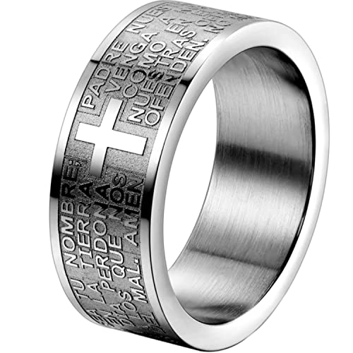 OIDEA Herren Ring Edelstahl Silber, 8mm Bibel Gebet Kreuz Biker Bandring, Größe 58(18.4) von OIDEA