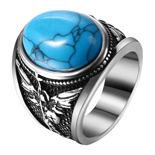 OIDEA Herren Ring St. Michael Türkis: Oval Türkis Stein Siegelring Edelstahl Retro Bandring Christlich Herrenring Schmuck Vintage Geschenk für Männer Junge Größe 63 von OIDEA