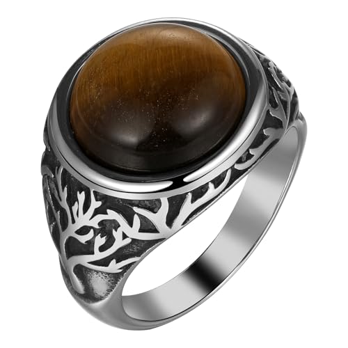 OIDEA Herren Ring Tigerauge mit Lebensbaum: Vintage Gothic Edelstahlring Stein Tigeraugenring Herrenring Baum des Lebens Gotik Stil Geschenk für Männer Größe 62 von OIDEA