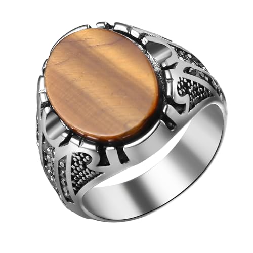 OIDEA Herren-Ring mit Tigerauge Stein: Silber Retro Vintage Oval Tigerauge Siegelring Männer Bandring aus Edelstahl Schmuck Geschenk Größe 67 von OIDEA